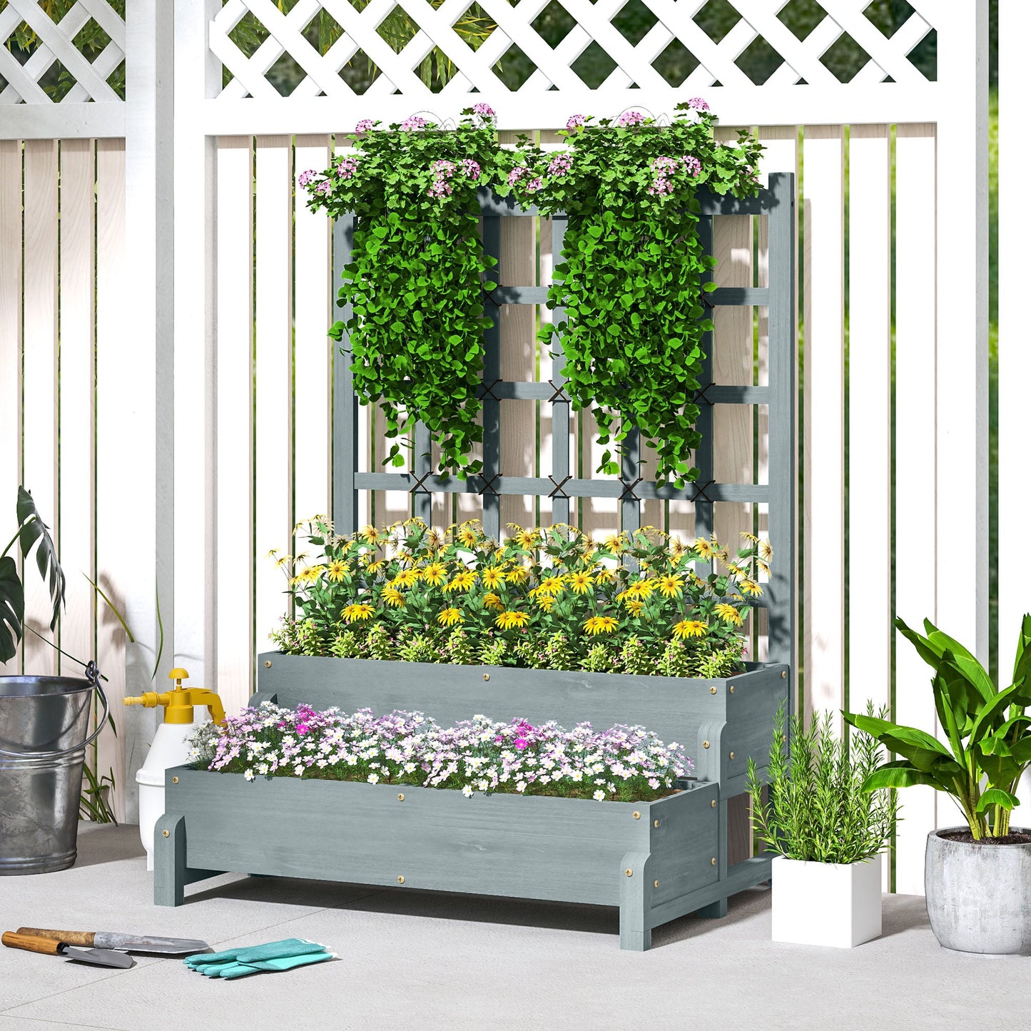2-Tier Raised Garden Bed with Trellis, Wooden Elevated Planter Box with Drainage Holes, Outdoor Raised Planter for Climbing Plants, Fruits, Vegetables, Flowers, Grey