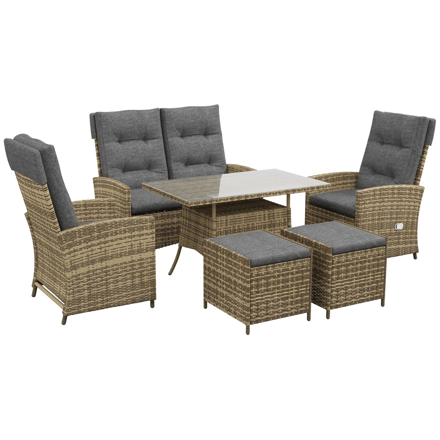 6 Seater Rattan Dining Set with 2 Reclining Chairs, Loveseat, 2 Stools, Rattan Garden Furniture Set with Cushions, Rectangular Glass Top Table, Aluminium Frame, Mixed Grey