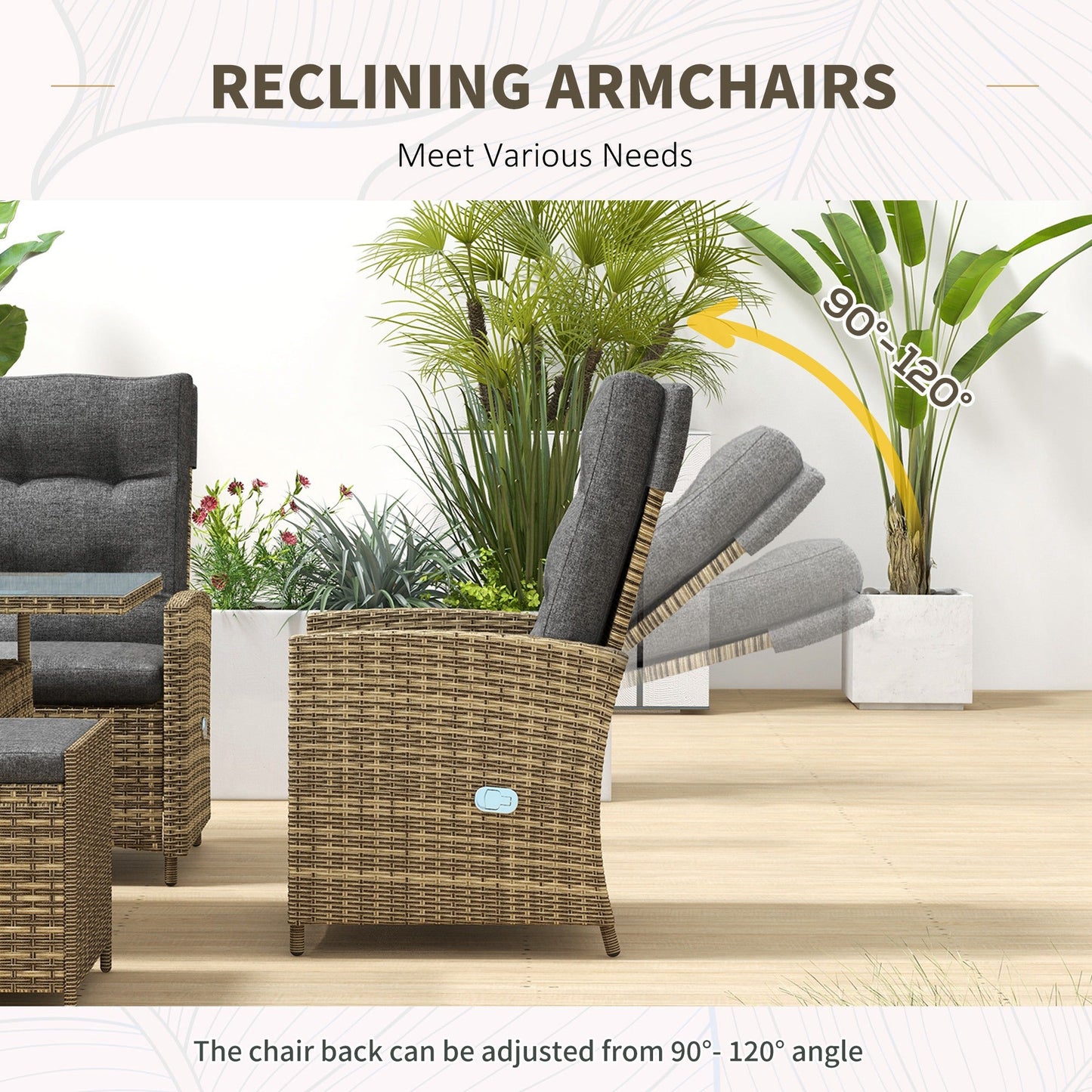 6 Seater Rattan Dining Set with 2 Reclining Chairs, Loveseat, 2 Stools, Rattan Garden Furniture Set with Cushions, Rectangular Glass Top Table, Aluminium Frame, Mixed Grey
