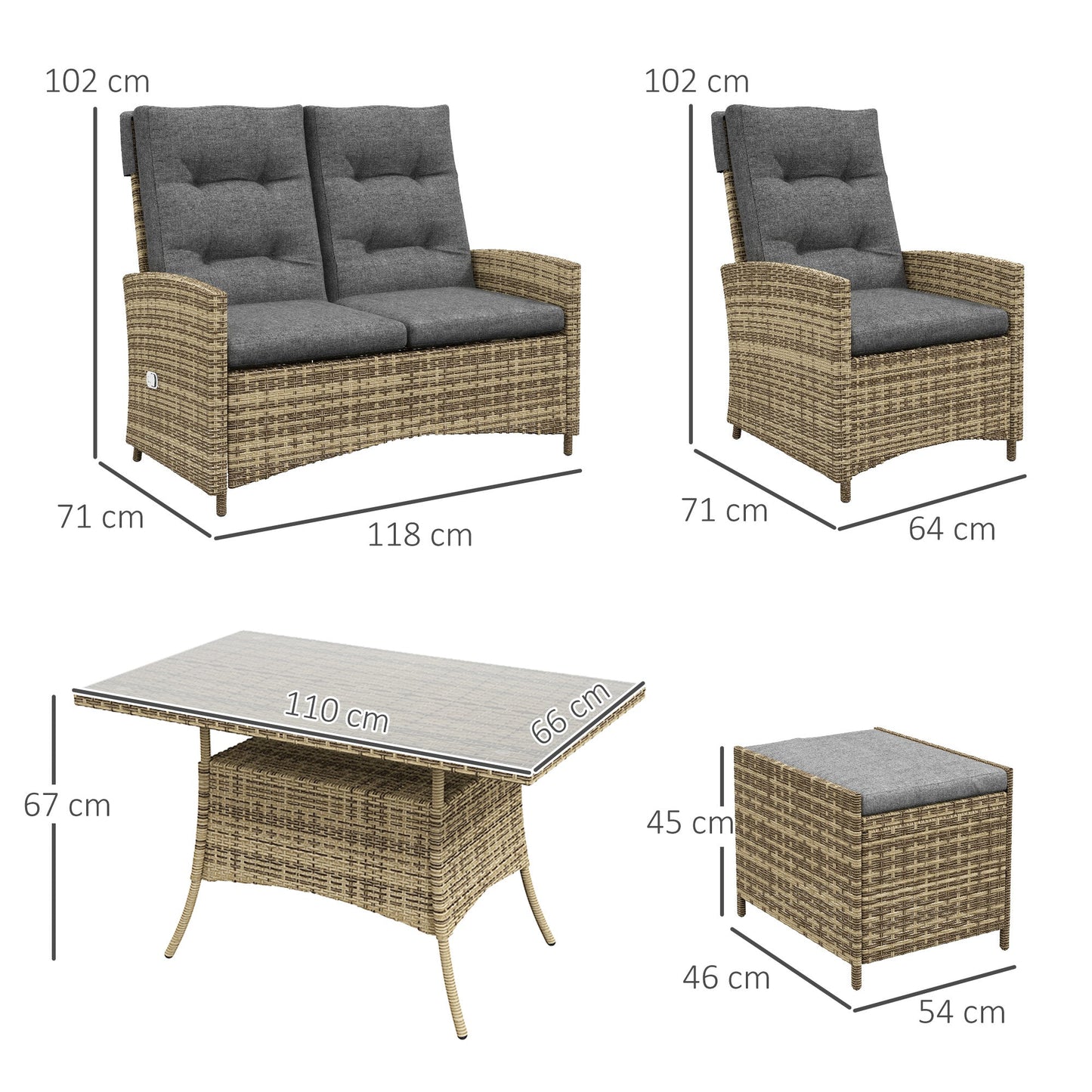 6 Seater Rattan Dining Set with 2 Reclining Chairs, Loveseat, 2 Stools, Rattan Garden Furniture Set with Cushions, Rectangular Glass Top Table, Aluminium Frame, Mixed Grey