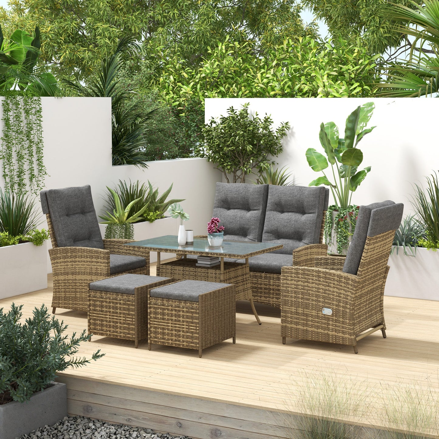 6 Seater Rattan Dining Set with 2 Reclining Chairs, Loveseat, 2 Stools, Rattan Garden Furniture Set with Cushions, Rectangular Glass Top Table, Aluminium Frame, Mixed Grey