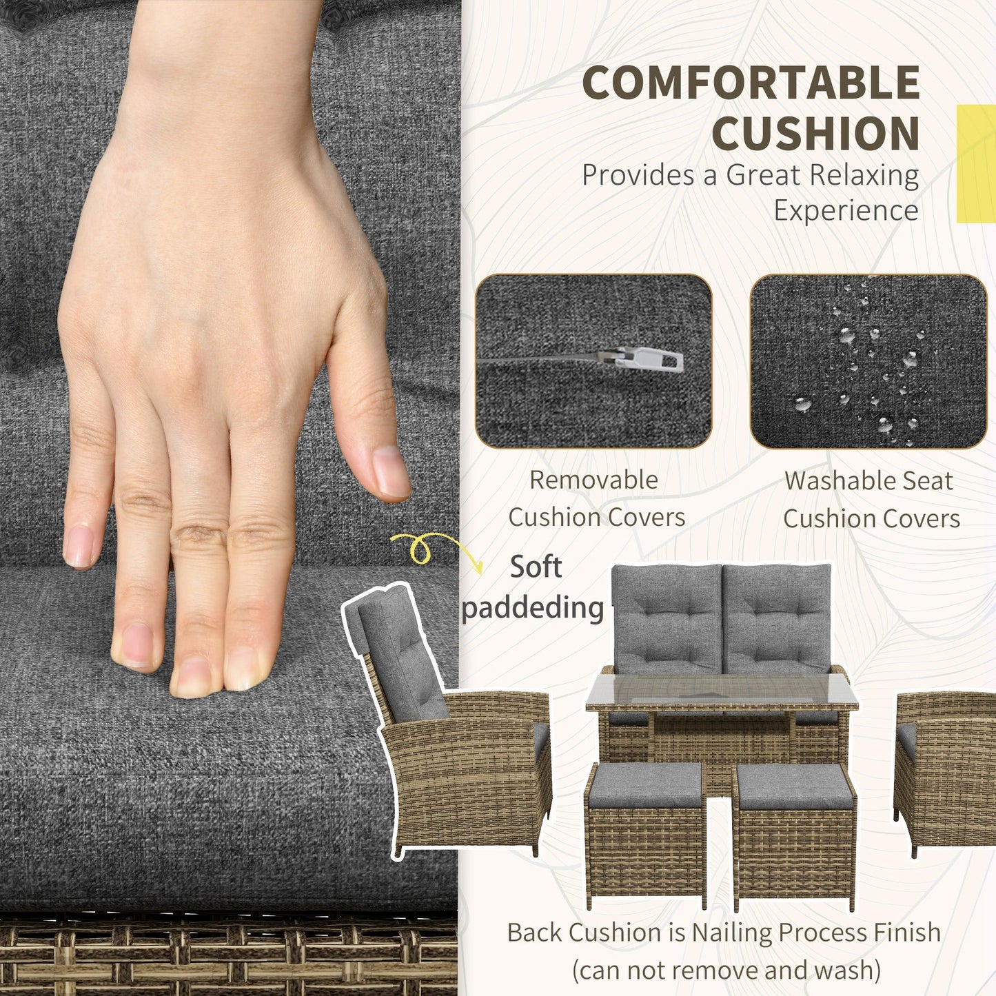 6 Seater Rattan Dining Set with 2 Reclining Chairs, Loveseat, 2 Stools, Rattan Garden Furniture Set with Cushions, Rectangular Glass Top Table, Aluminium Frame, Mixed Grey