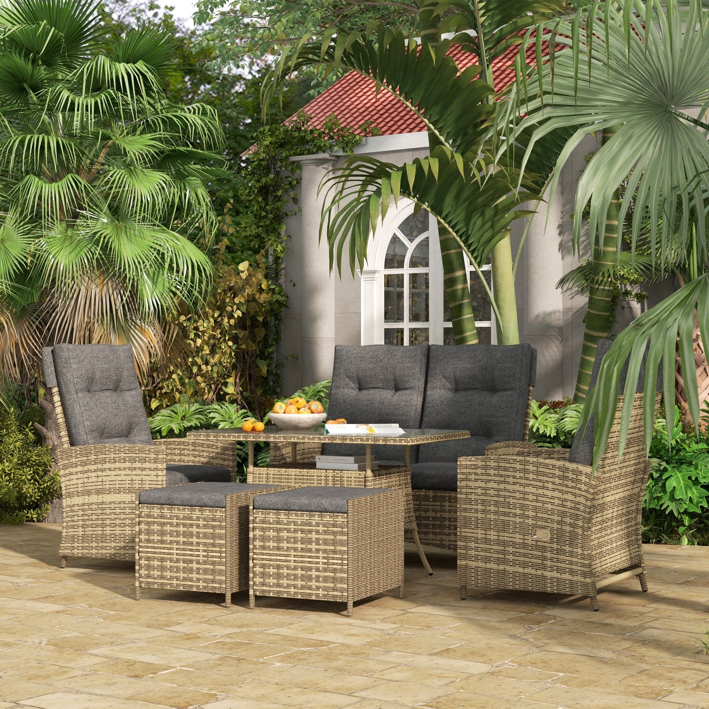 6 Seater Rattan Dining Set with 2 Reclining Chairs, Loveseat, 2 Stools, Rattan Garden Furniture Set with Cushions, Rectangular Glass Top Table, Aluminium Frame, Mixed Grey