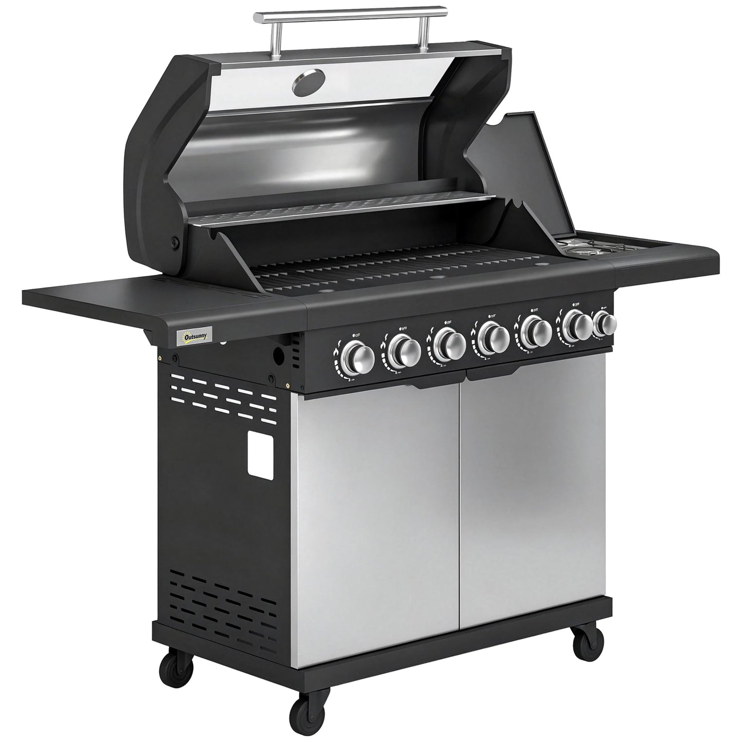6+1 Burner Gas BBQ Grill, Portable Outdoor Barbecue Trolley with Wheels, Warming Rack, Built-in Thermometer, Side Shelves, Cabinet, Bottle Opener, Lid with Viewing Window, Silver Tone