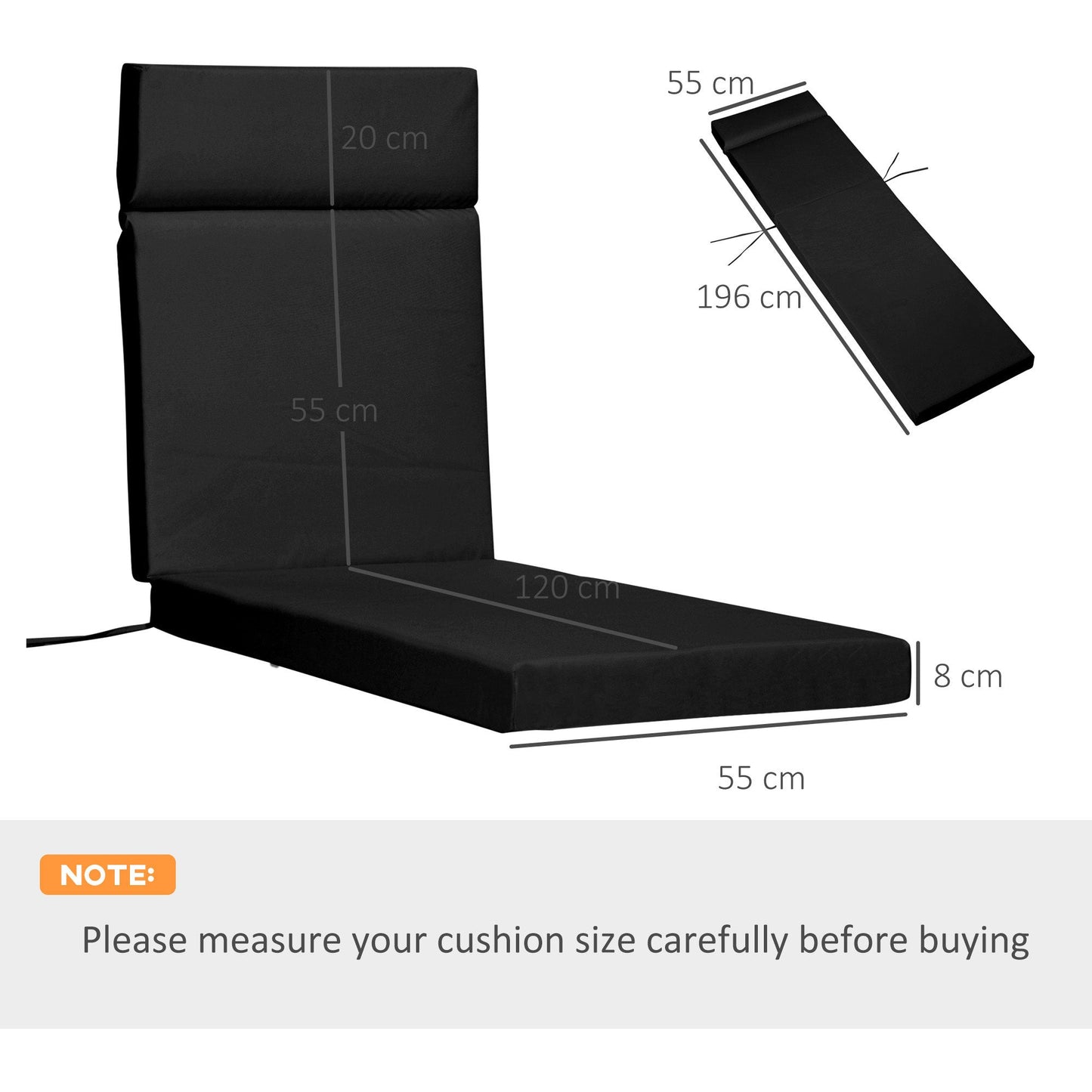 Set of 2 Sun Lounger Cushions, Replacement Cushions for Rattan Furniture with Ties, 196 x 55 cm, Black