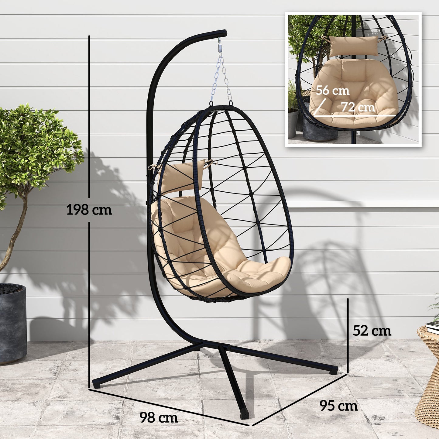 Hanging Egg Chair Outdoor Indoor Garden Swing Chair with Folding Basket, Thickened Cushion, Garden Hanging Chair with Stand, Headrest for Patio, Balcony, Khaki
