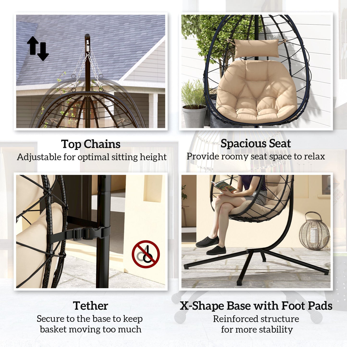 Hanging Egg Chair Outdoor Indoor Garden Swing Chair with Folding Basket, Thickened Cushion, Garden Hanging Chair with Stand, Headrest for Patio, Balcony, Khaki
