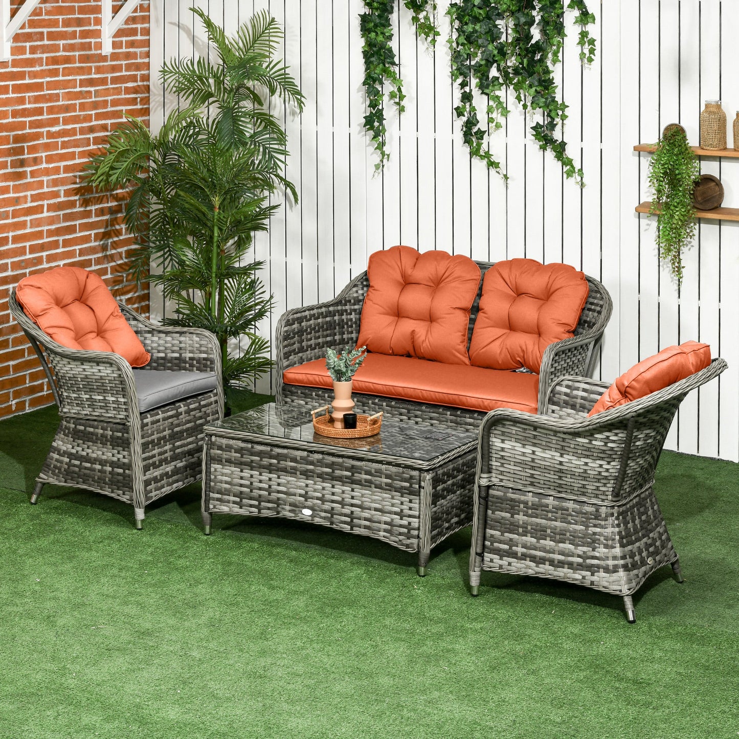 4 Pieces Outdoor PE Rattan Garden Furniture with Cushions, Patio Special Hand Weave Wicker Conservatory Sofa Set with Glass Top Coffee Table, Orange