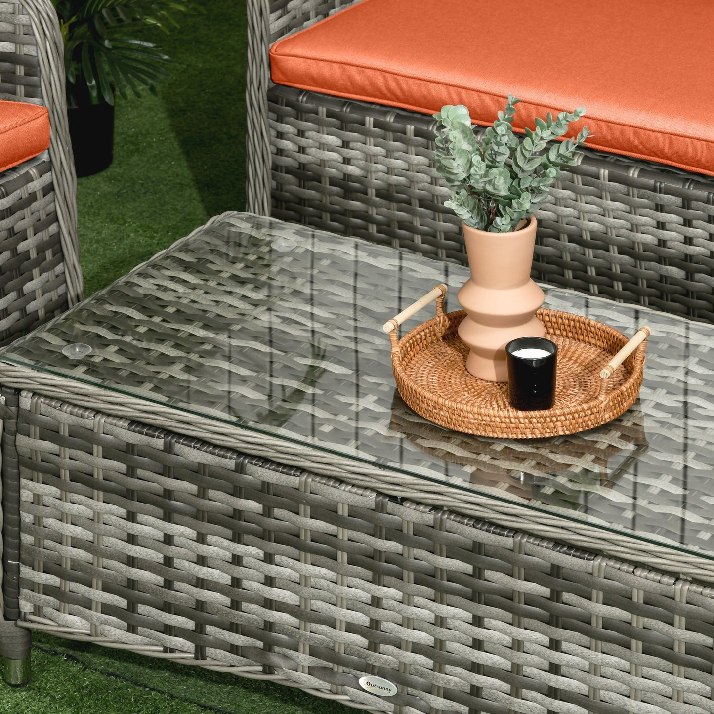 4 Pieces Outdoor PE Rattan Garden Furniture with Cushions, Patio Special Hand Weave Wicker Conservatory Sofa Set with Glass Top Coffee Table, Orange