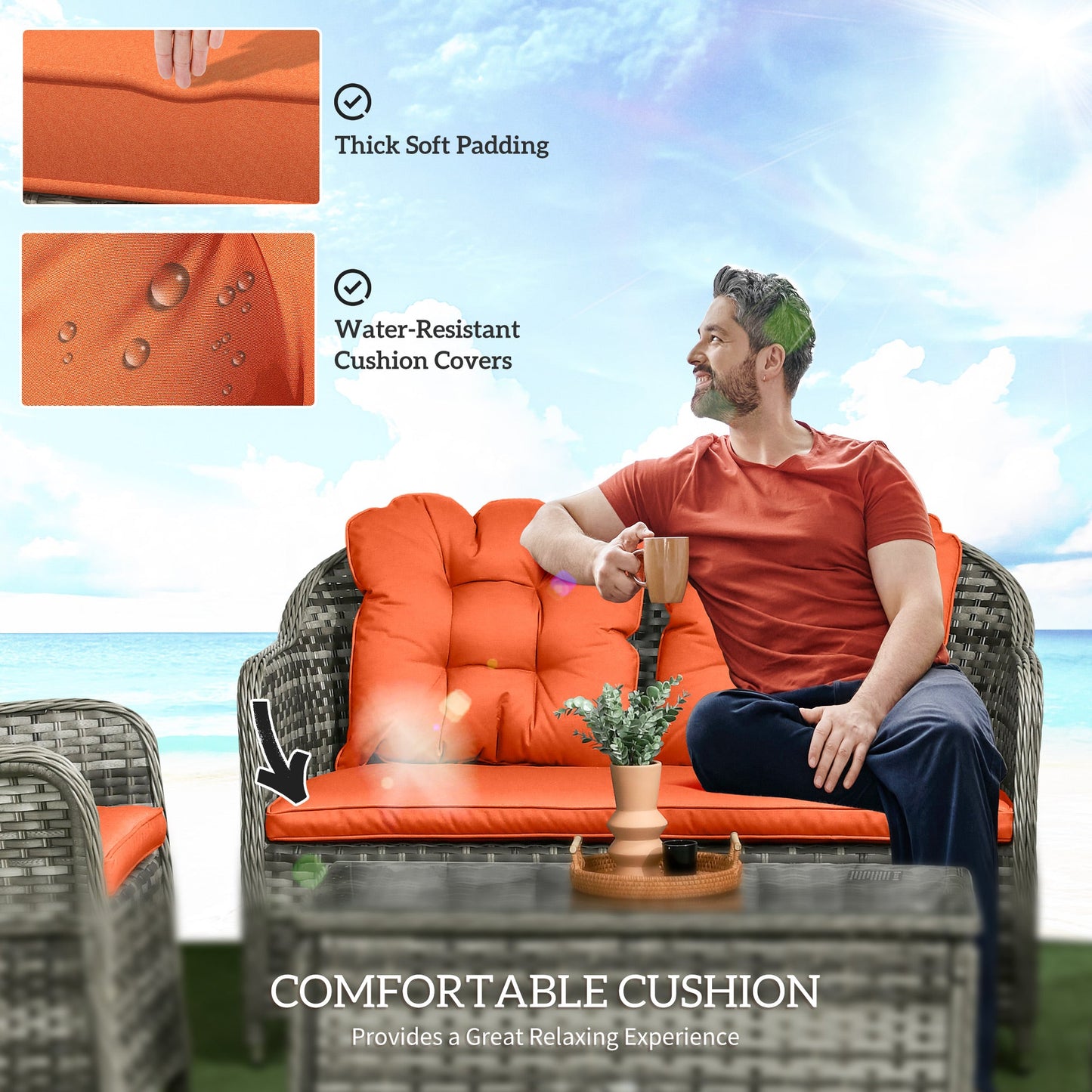 4 Pieces Outdoor PE Rattan Garden Furniture with Cushions, Patio Special Hand Weave Wicker Conservatory Sofa Set with Glass Top Coffee Table, Orange