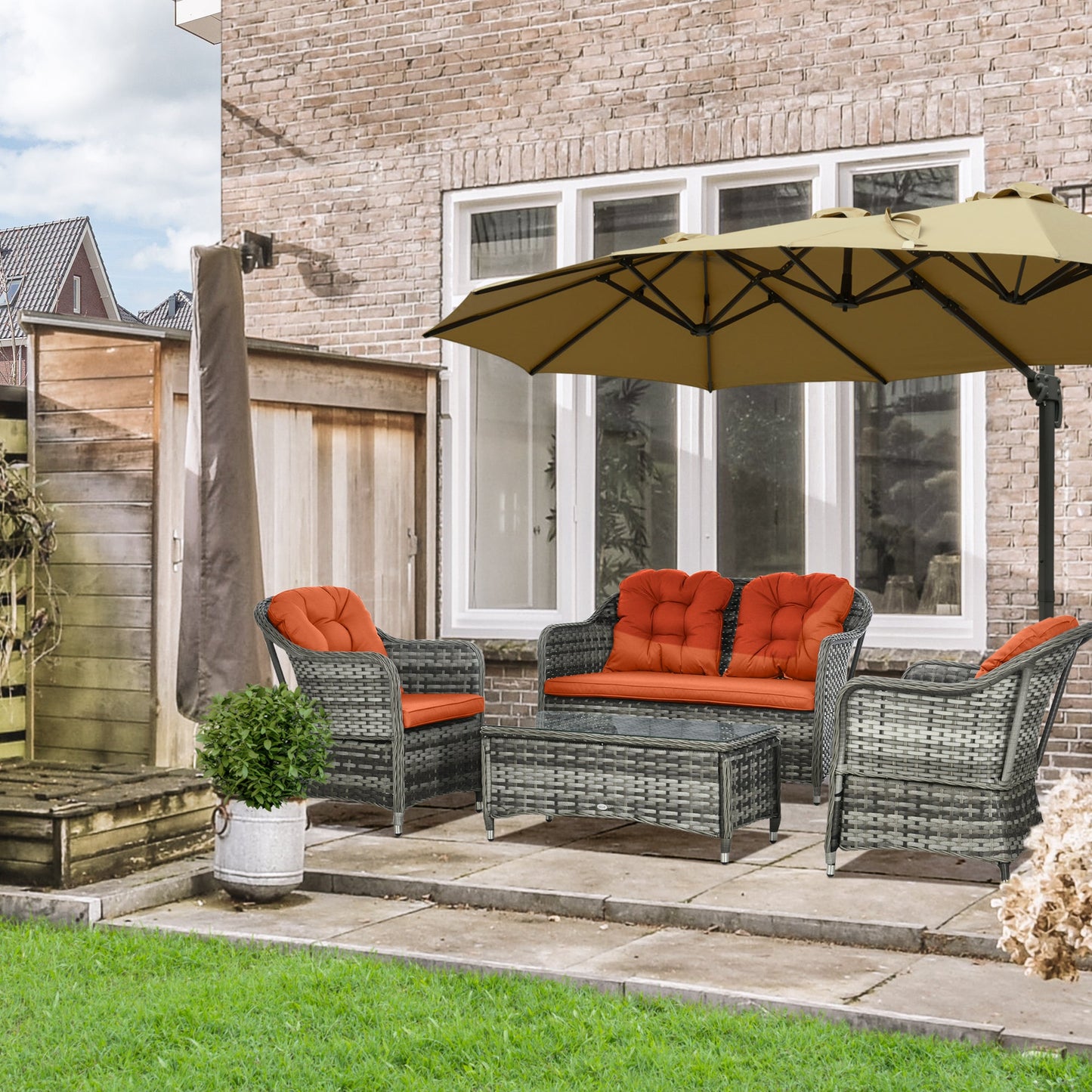 4 Pieces Outdoor PE Rattan Garden Furniture with Cushions, Patio Special Hand Weave Wicker Conservatory Sofa Set with Glass Top Coffee Table, Orange