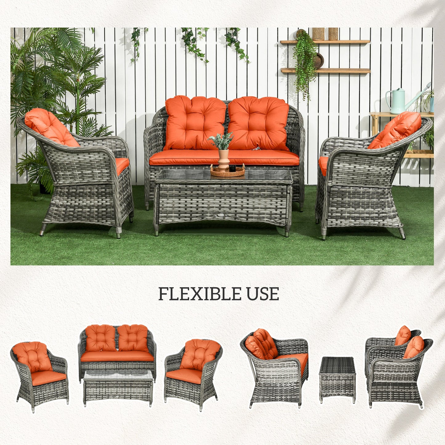 4 Pieces Outdoor PE Rattan Garden Furniture with Cushions, Patio Special Hand Weave Wicker Conservatory Sofa Set with Glass Top Coffee Table, Orange