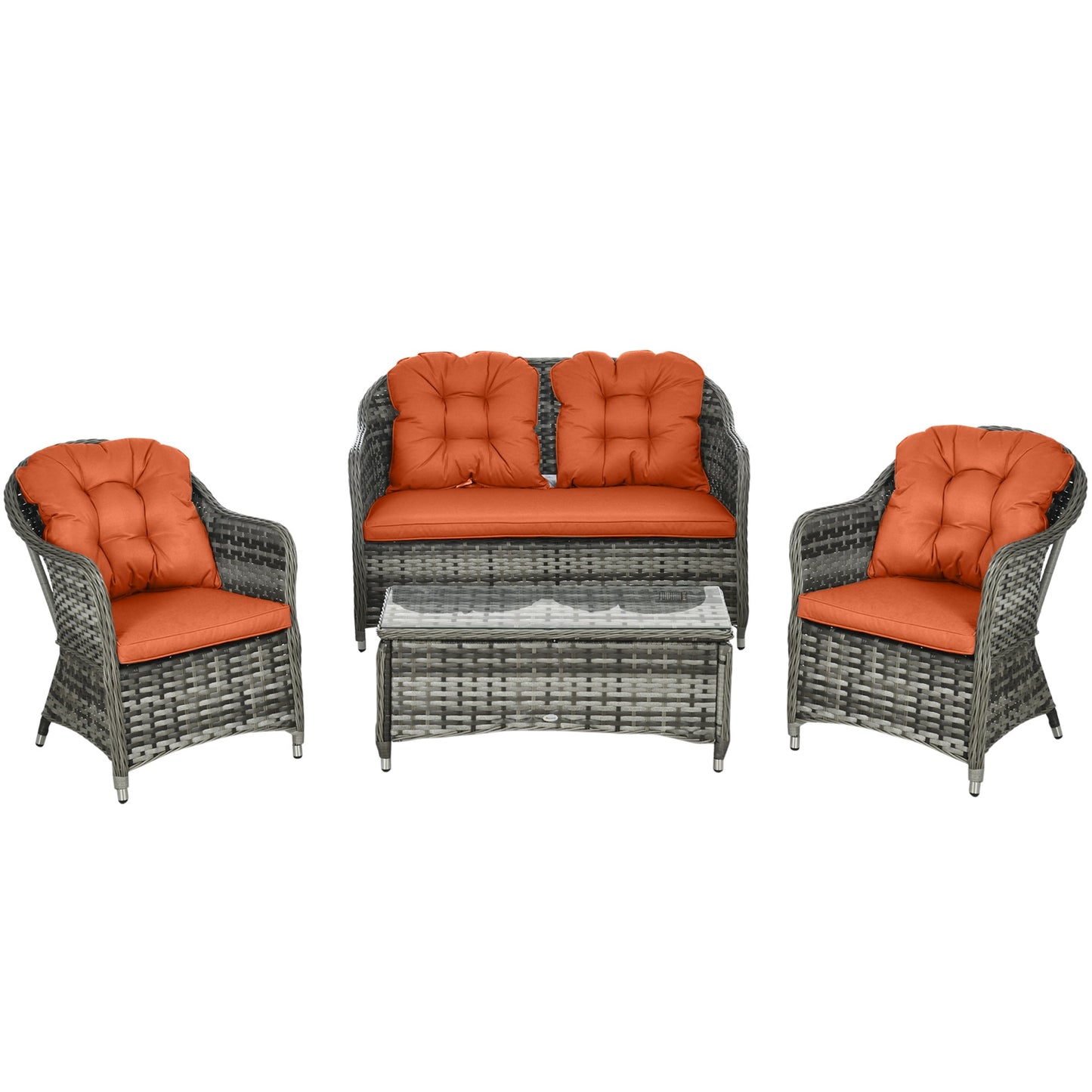4 Pieces Outdoor PE Rattan Garden Furniture with Cushions, Patio Special Hand Weave Wicker Conservatory Sofa Set with Glass Top Coffee Table, Orange