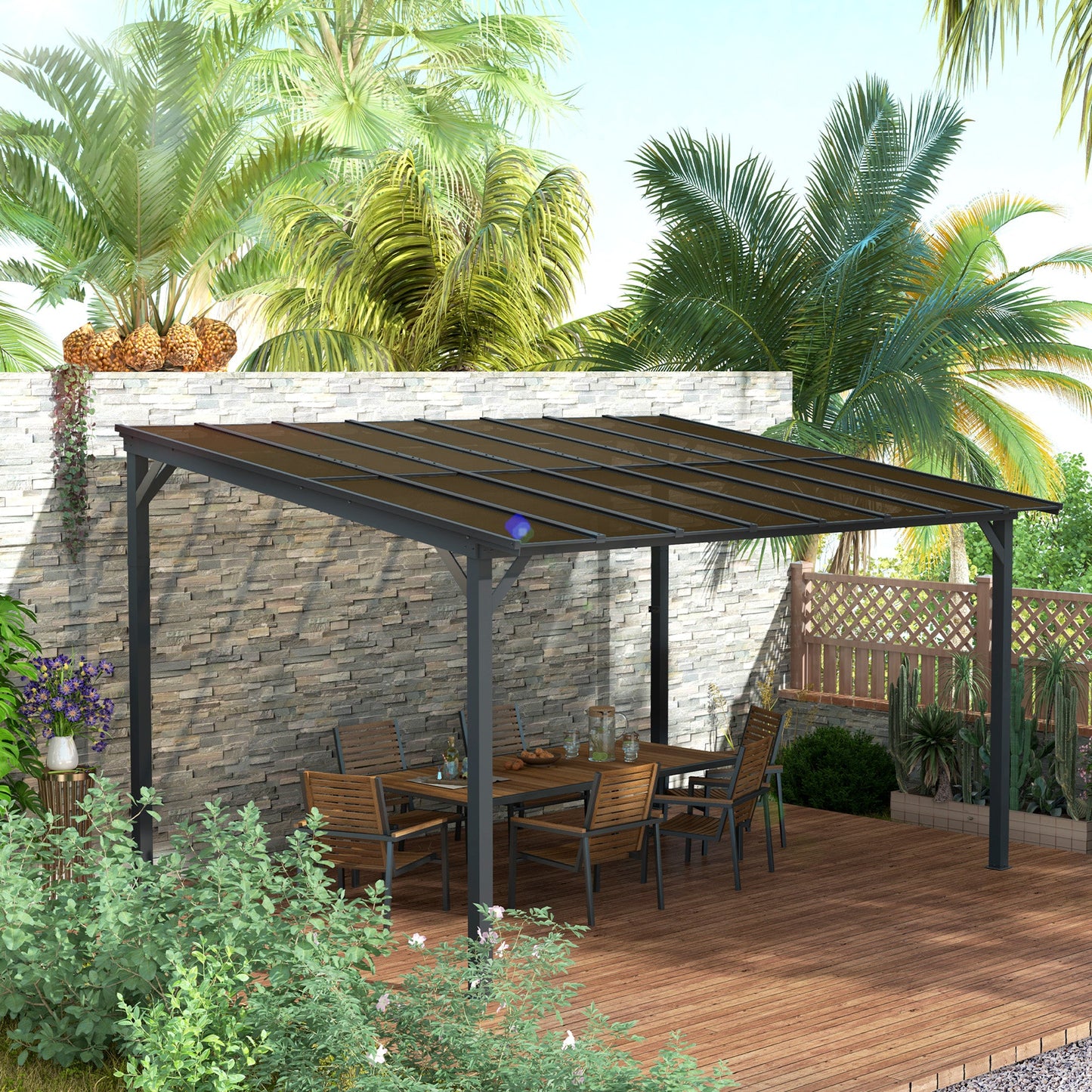 3 x 4.3m Metal Pergola with UPF 50+ and Waterproof Polycarbonate Roof, Wall-Mounted or Free Standing Garden Gazebo, Wind-resistant Outdoor Sun Shade, Dark Grey