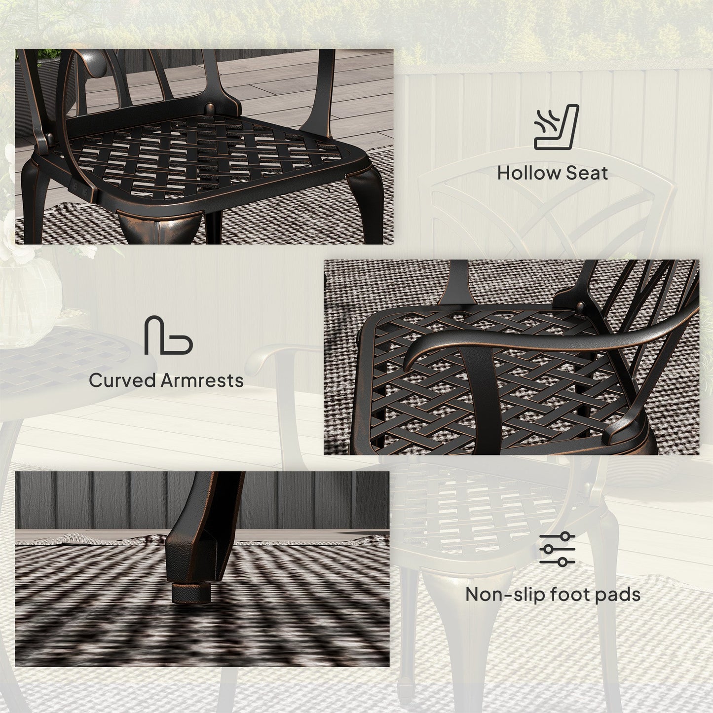3 Pieces Garden Dining Set for 2, Cast Aluminium Outdoor Dining Set with 2 Armchairs and Round Dining Table with Parasol Hole, Garden Furniture Set, Bronze Tone