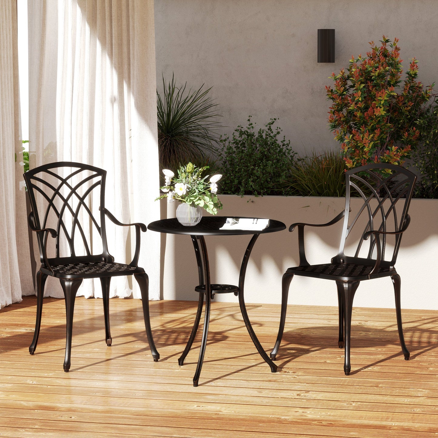 3 Pieces Garden Dining Set for 2, Cast Aluminium Outdoor Dining Set with 2 Armchairs and Round Dining Table with Parasol Hole, Garden Furniture Set, Bronze Tone