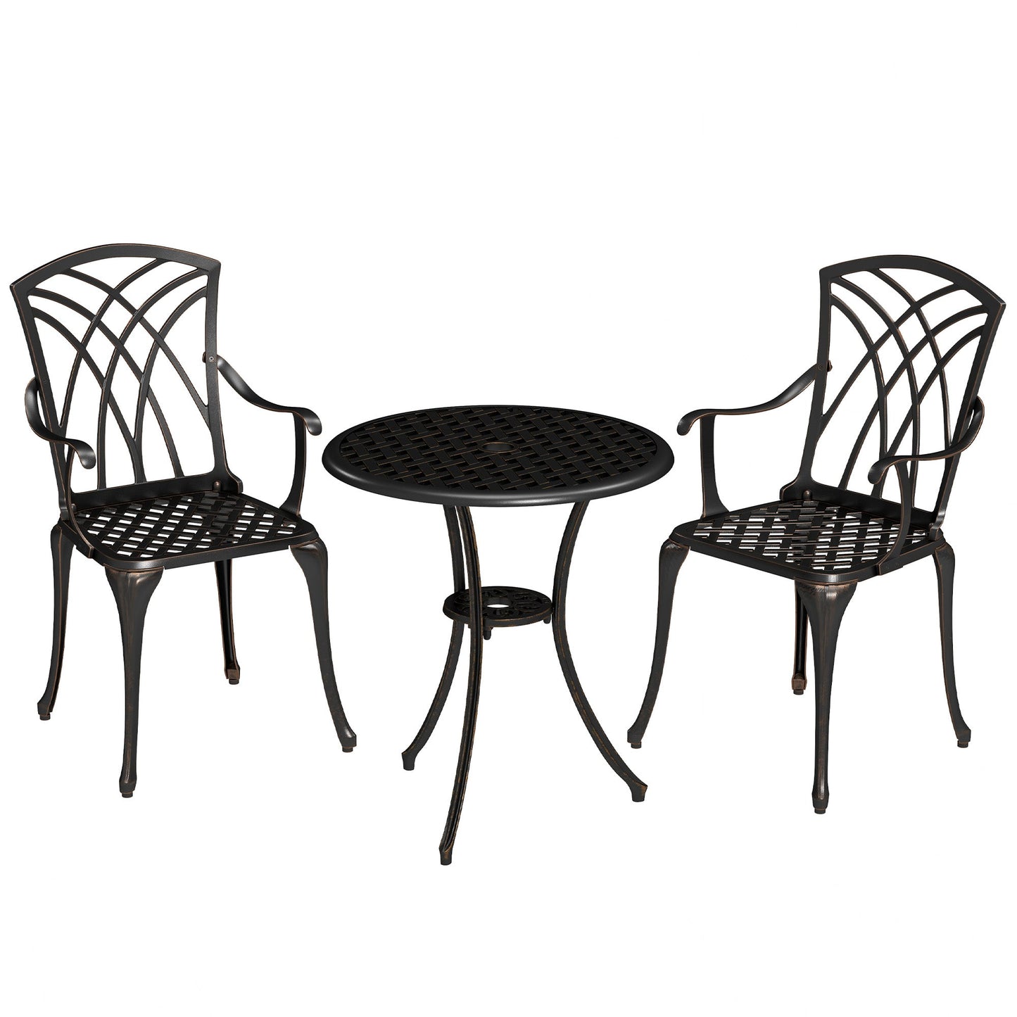 3 Pieces Garden Dining Set for 2, Cast Aluminium Outdoor Dining Set with 2 Armchairs and Round Dining Table with Parasol Hole, Garden Furniture Set, Bronze Tone