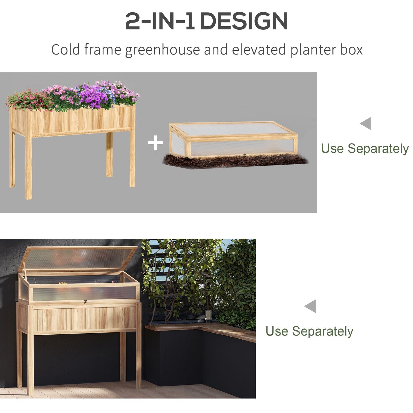 Raised Garden Bed 2-IN-1 Wood Cold Frame Greenhouse with Elevated Garden Box, Openable Top for Flowers, Vegetables, Plants, Natural