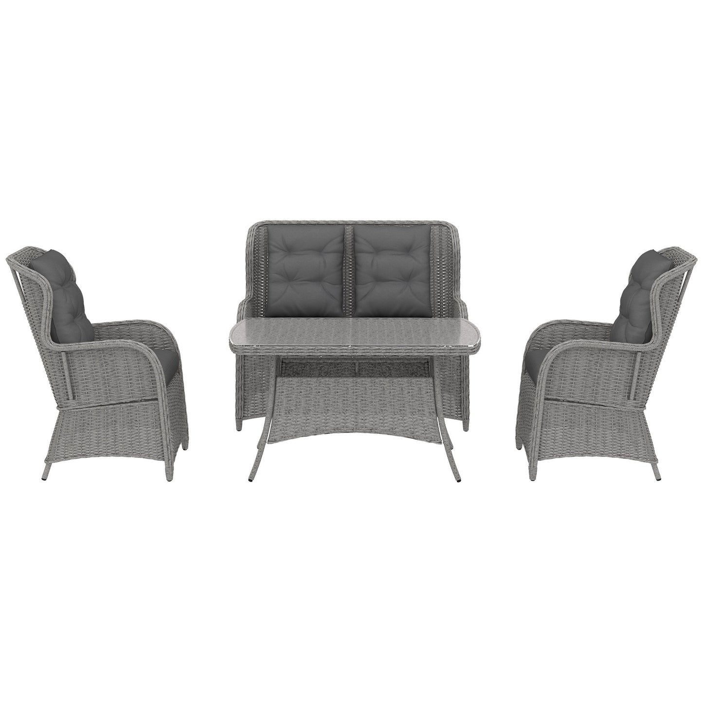 Garden PE Rattan Dining Sofa Set, Outdoor 4 Seater Wicker Furniture, High Back Chairs with Cushions, Tempered Glass Coffee Table for Patio, Light Grey