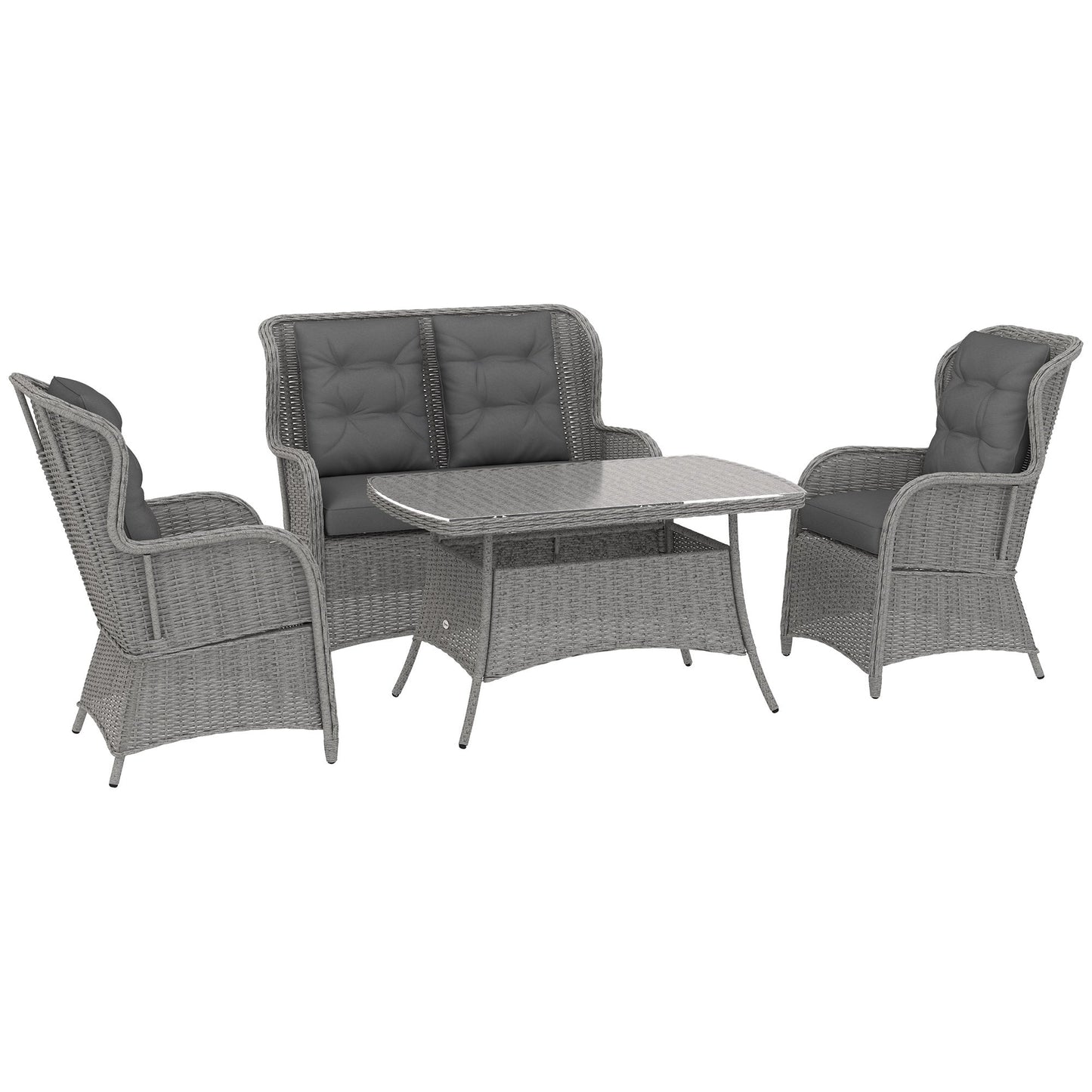 Garden PE Rattan Dining Sofa Set, Outdoor 4 Seater Wicker Furniture, High Back Chairs with Cushions, Tempered Glass Coffee Table for Patio, Light Grey