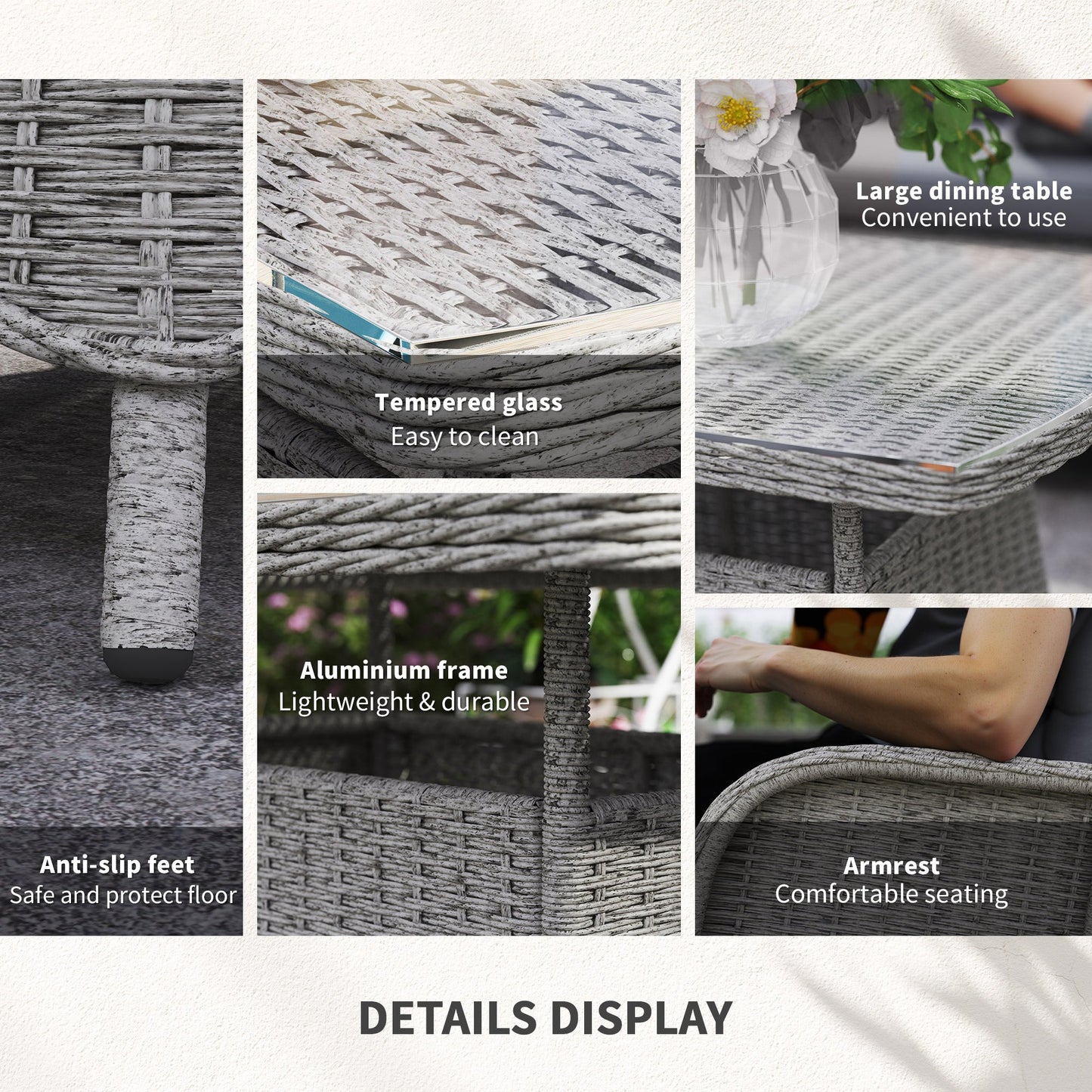 Garden PE Rattan Dining Sofa Set, Outdoor 4 Seater Wicker Furniture, High Back Chairs with Cushions, Tempered Glass Coffee Table for Patio, Light Grey