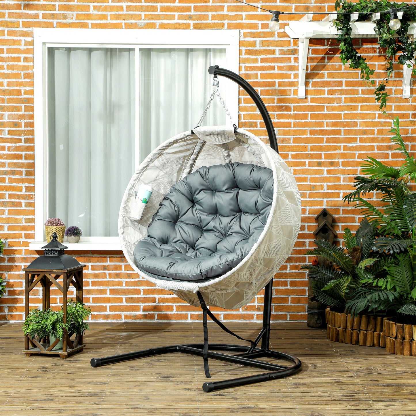 Hanging Egg Chair Outdoor Indoor Garden Swing Chair with Folding Basket, Garden Hanging Chair with Stand, Thickened Cushion, Cup Holder for Patio, Balcony, Grey