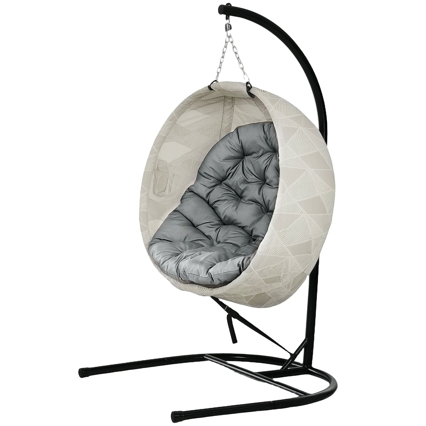 Hanging Egg Chair Outdoor Indoor Garden Swing Chair with Folding Basket, Garden Hanging Chair with Stand, Thickened Cushion, Cup Holder for Patio, Balcony, Grey