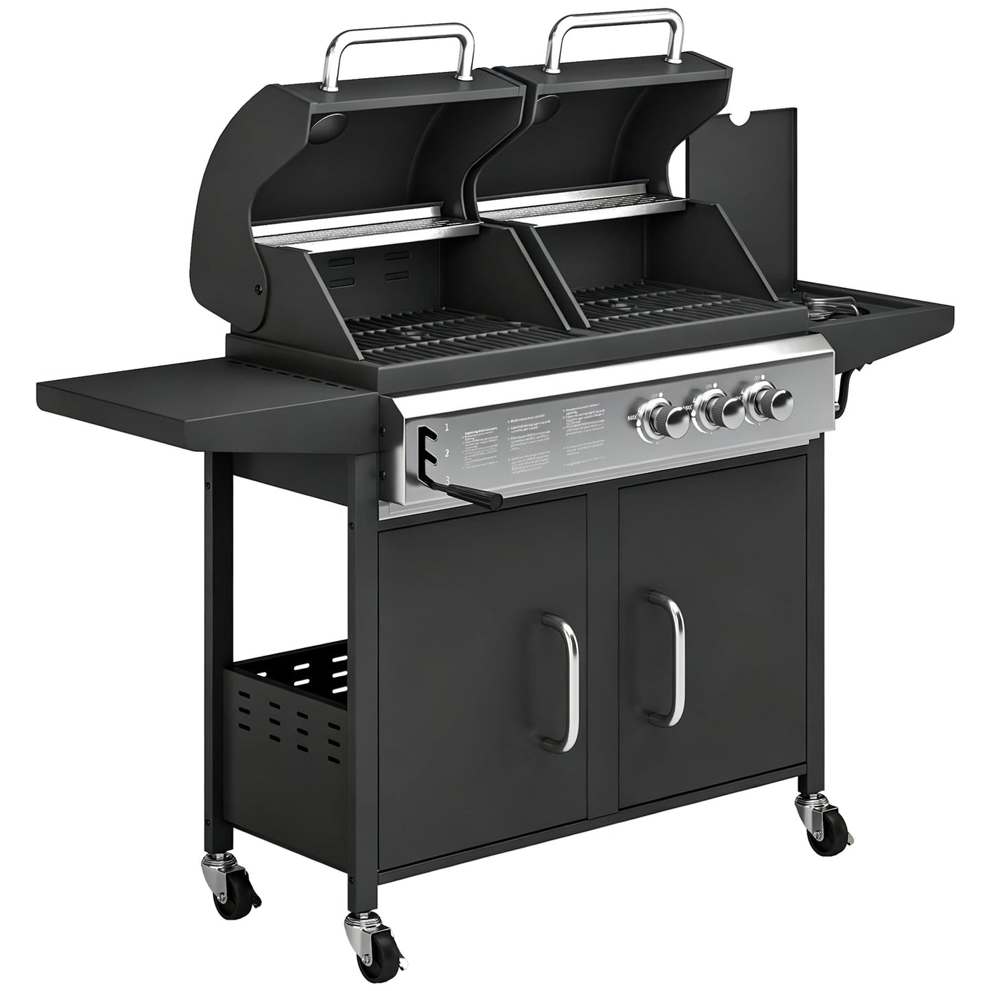 2+1 Burner Hybrid Dual Fuel BBQ Gas Grill, 2-in-1 Portable Propane & Charcoal Barbecue Grill Smoker Combo with Wheels, Warming Rack, Built-in Thermometer, Side Shelves, Cabinet, Lid, Black