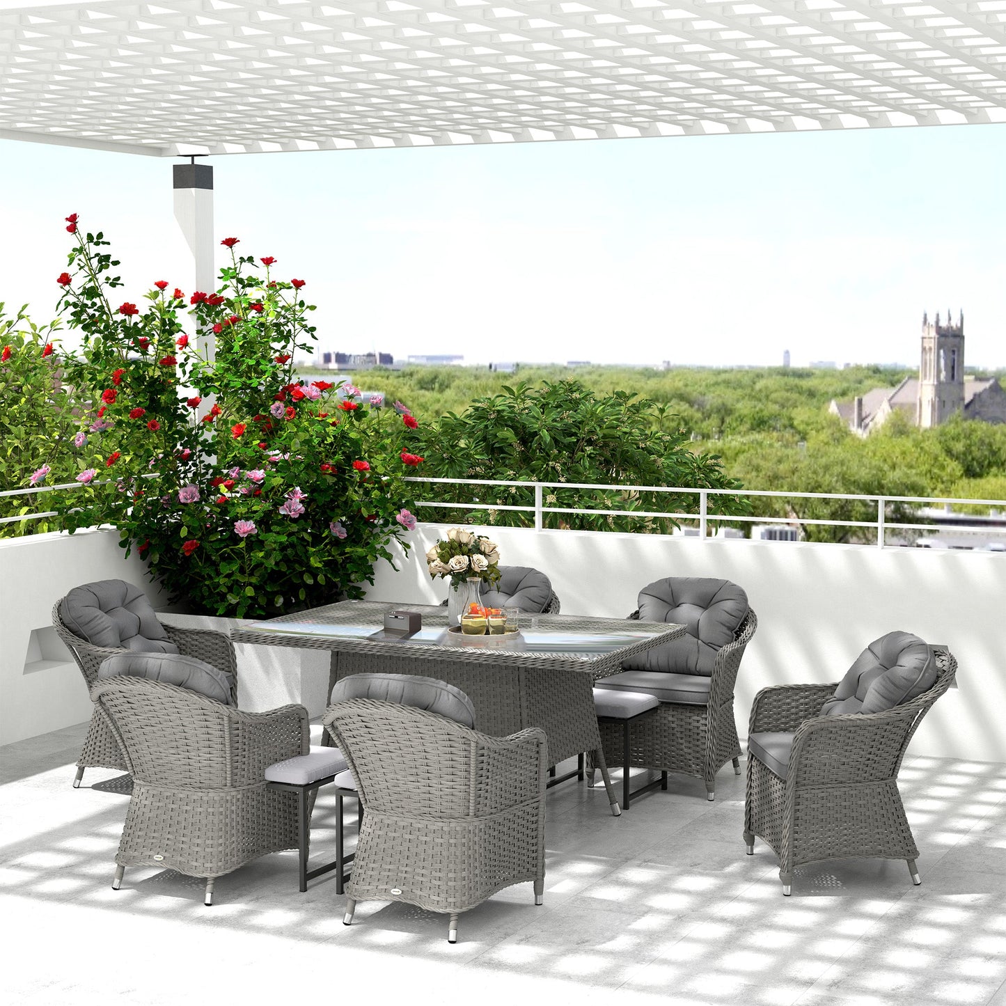 6 Seater Rattan Dining Set with Seat and Back Cushions, PE Rattan Garden Furniture Set, Outdoor Dining Table and Chairs, Rectangular Glass Top Table with Umbrella Hole, Light Grey