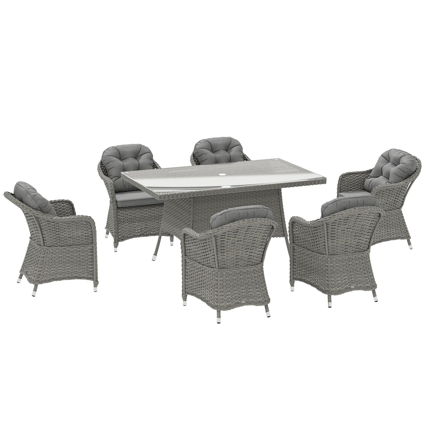 6 Seater Rattan Dining Set with Seat and Back Cushions, PE Rattan Garden Furniture Set, Outdoor Dining Table and Chairs, Rectangular Glass Top Table with Umbrella Hole, Light Grey