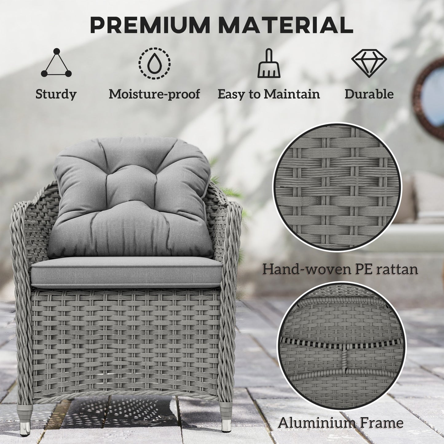 6 Seater Rattan Dining Set with Seat and Back Cushions, PE Rattan Garden Furniture Set, Outdoor Dining Table and Chairs, Rectangular Glass Top Table with Umbrella Hole, Light Grey