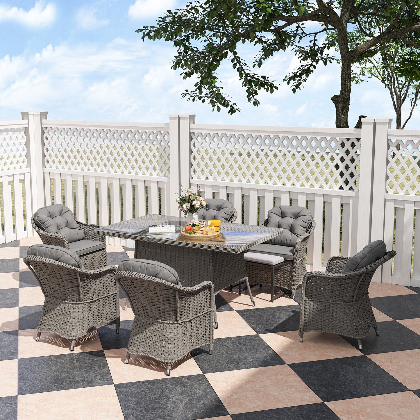 6 Seater Rattan Dining Set with Seat and Back Cushions, PE Rattan Garden Furniture Set, Outdoor Dining Table and Chairs, Rectangular Glass Top Table with Umbrella Hole, Light Grey