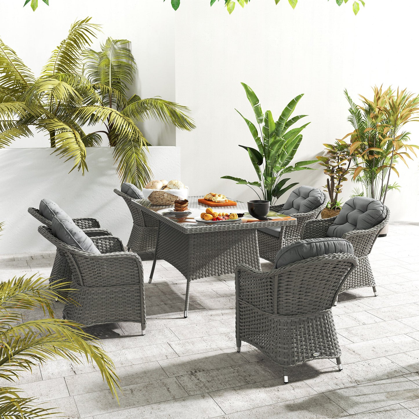 6 Seater Rattan Dining Set with Seat and Back Cushions, PE Rattan Garden Furniture Set, Outdoor Dining Table and Chairs, Rectangular Glass Top Table with Umbrella Hole, Light Grey