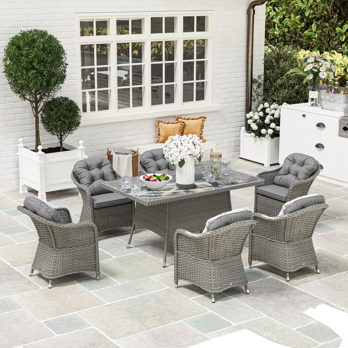 6 Seater Rattan Dining Set with Seat and Back Cushions, PE Rattan Garden Furniture Set, Outdoor Dining Table and Chairs, Rectangular Glass Top Table with Umbrella Hole, Light Grey