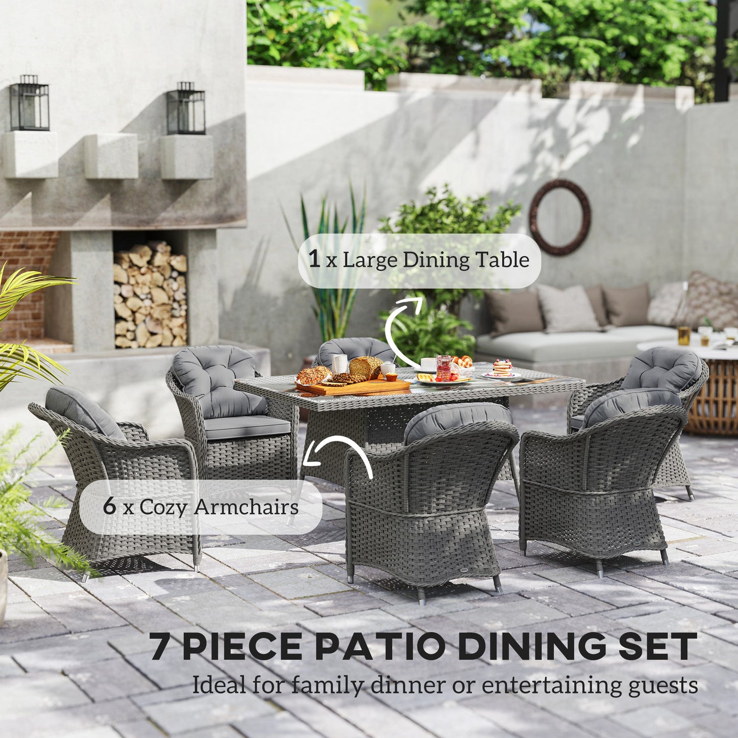 6 Seater Rattan Dining Set with Seat and Back Cushions, PE Rattan Garden Furniture Set, Outdoor Dining Table and Chairs, Rectangular Glass Top Table with Umbrella Hole, Light Grey
