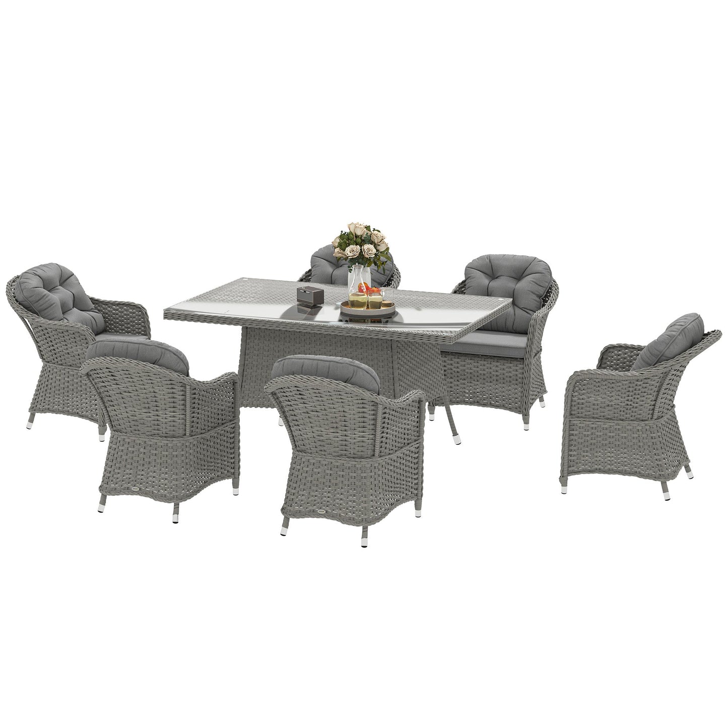 6 Seater Rattan Dining Set with Seat and Back Cushions, PE Rattan Garden Furniture Set, Outdoor Dining Table and Chairs, Rectangular Glass Top Table with Umbrella Hole, Light Grey