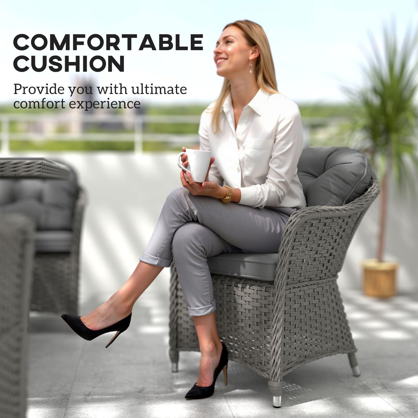 6 Seater Rattan Dining Set with Seat and Back Cushions, PE Rattan Garden Furniture Set, Outdoor Dining Table and Chairs, Rectangular Glass Top Table with Umbrella Hole, Light Grey
