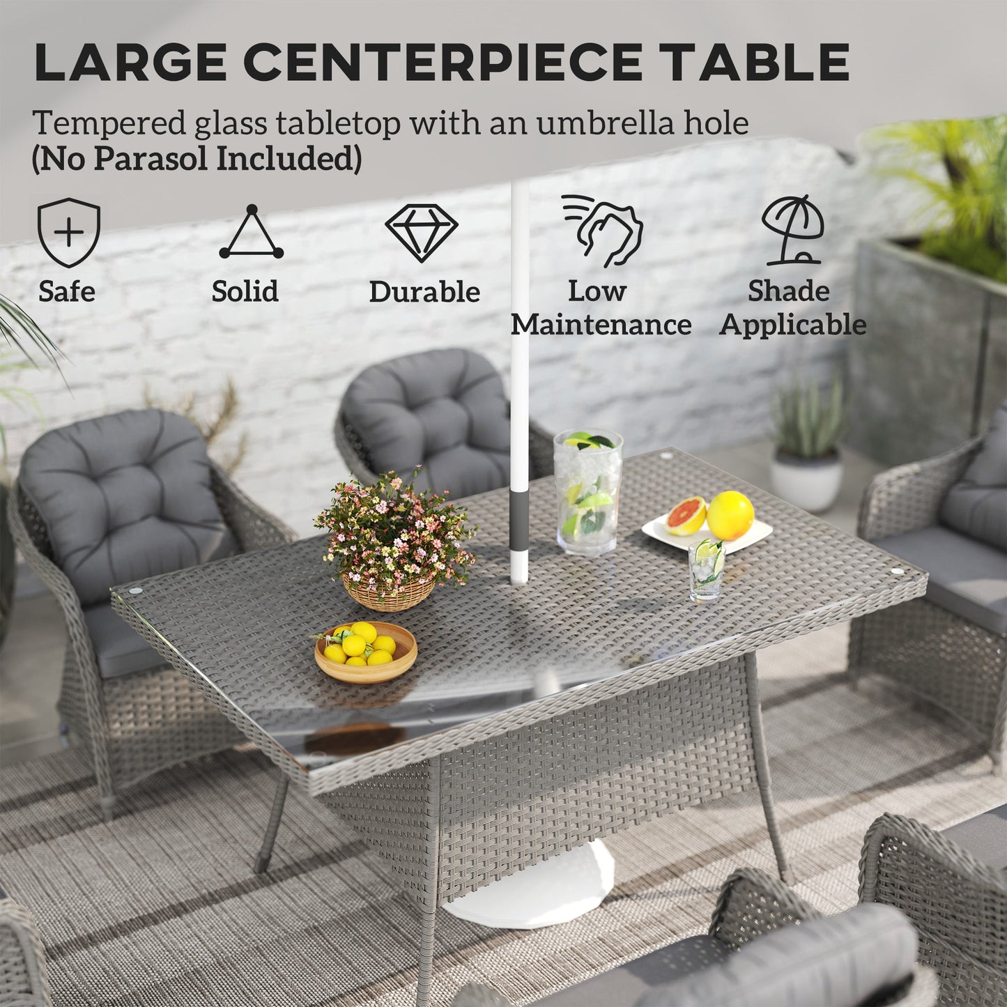6 Seater Rattan Dining Set with Seat and Back Cushions, PE Rattan Garden Furniture Set, Outdoor Dining Table and Chairs, Rectangular Glass Top Table with Umbrella Hole, Light Grey