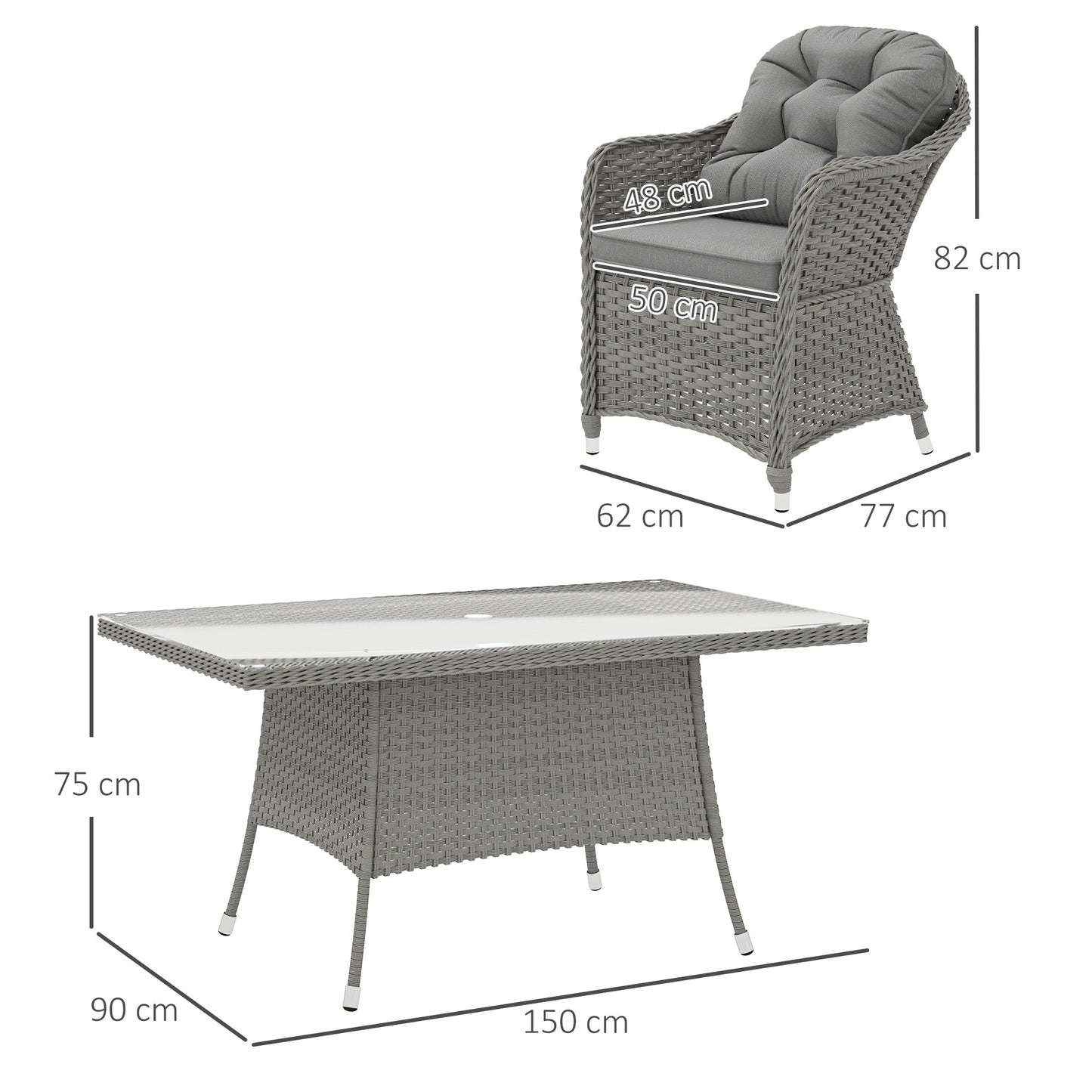 6 Seater Rattan Dining Set with Seat and Back Cushions, PE Rattan Garden Furniture Set, Outdoor Dining Table and Chairs, Rectangular Glass Top Table with Umbrella Hole, Light Grey
