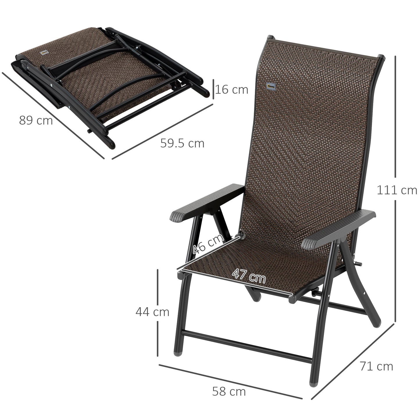Set of 4 Outdoor Wicker Folding Chairs, Patio PE Rattan Dining Armrests Chair set with 7 Levels Adjustable Backrest, for Outdoors, Camping, Dark Brown