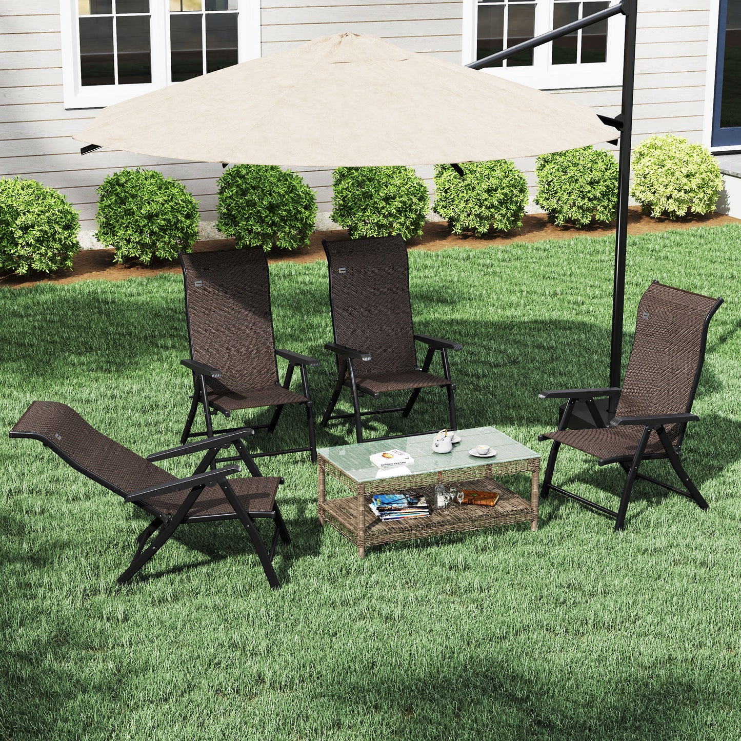 Set of 4 Outdoor Wicker Folding Chairs, Patio PE Rattan Dining Armrests Chair set with 7 Levels Adjustable Backrest, for Outdoors, Camping, Dark Brown