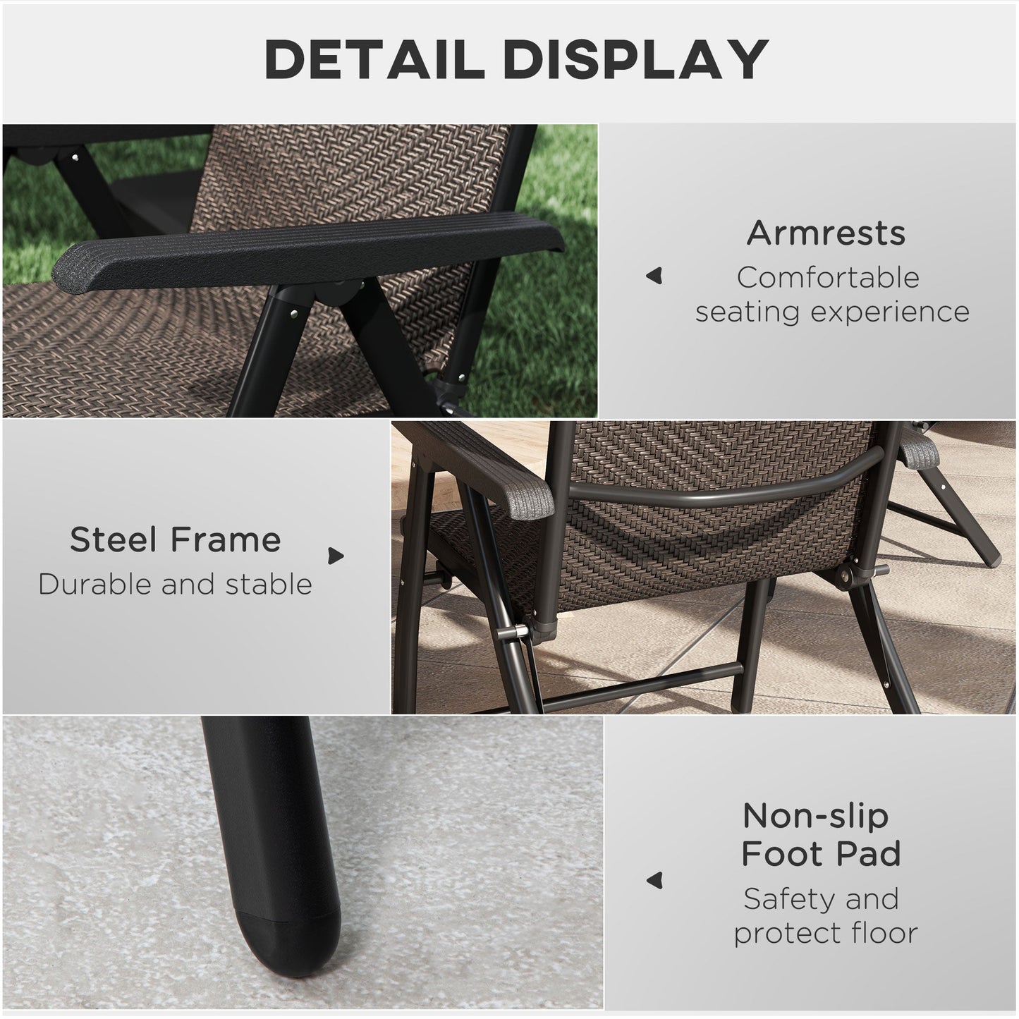 Set of 4 Outdoor Wicker Folding Chairs, Patio PE Rattan Dining Armrests Chair set with 7 Levels Adjustable Backrest, for Outdoors, Camping, Dark Brown