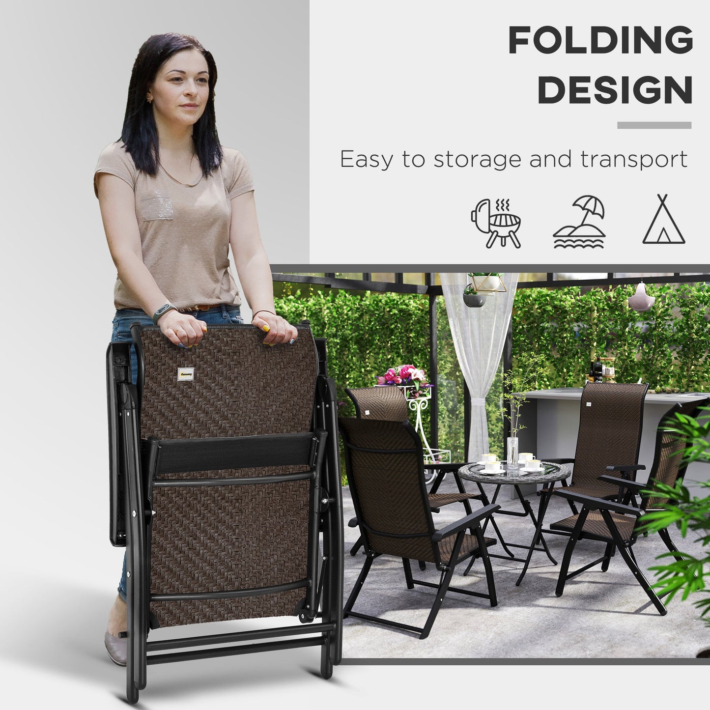 Set of 4 Outdoor Wicker Folding Chairs, Patio PE Rattan Dining Armrests Chair set with 7 Levels Adjustable Backrest, for Outdoors, Camping, Dark Brown