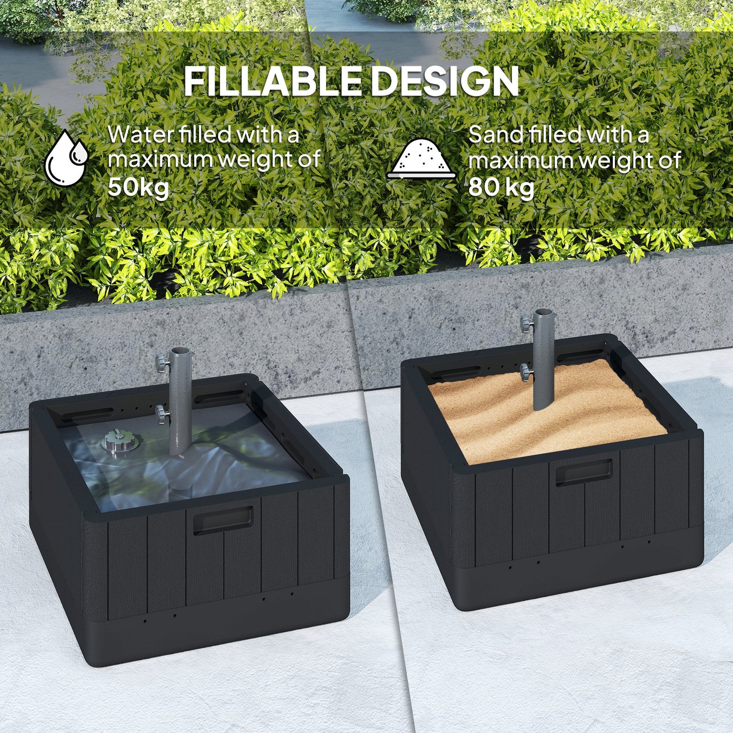 Garden Parasol Base Outdoor Umbrella Stand with Wheels Handles, Garden Umbrella Base, Filled Up to 80kg with Stand or 50kg with Water for 38, 48 mm Poles, Black