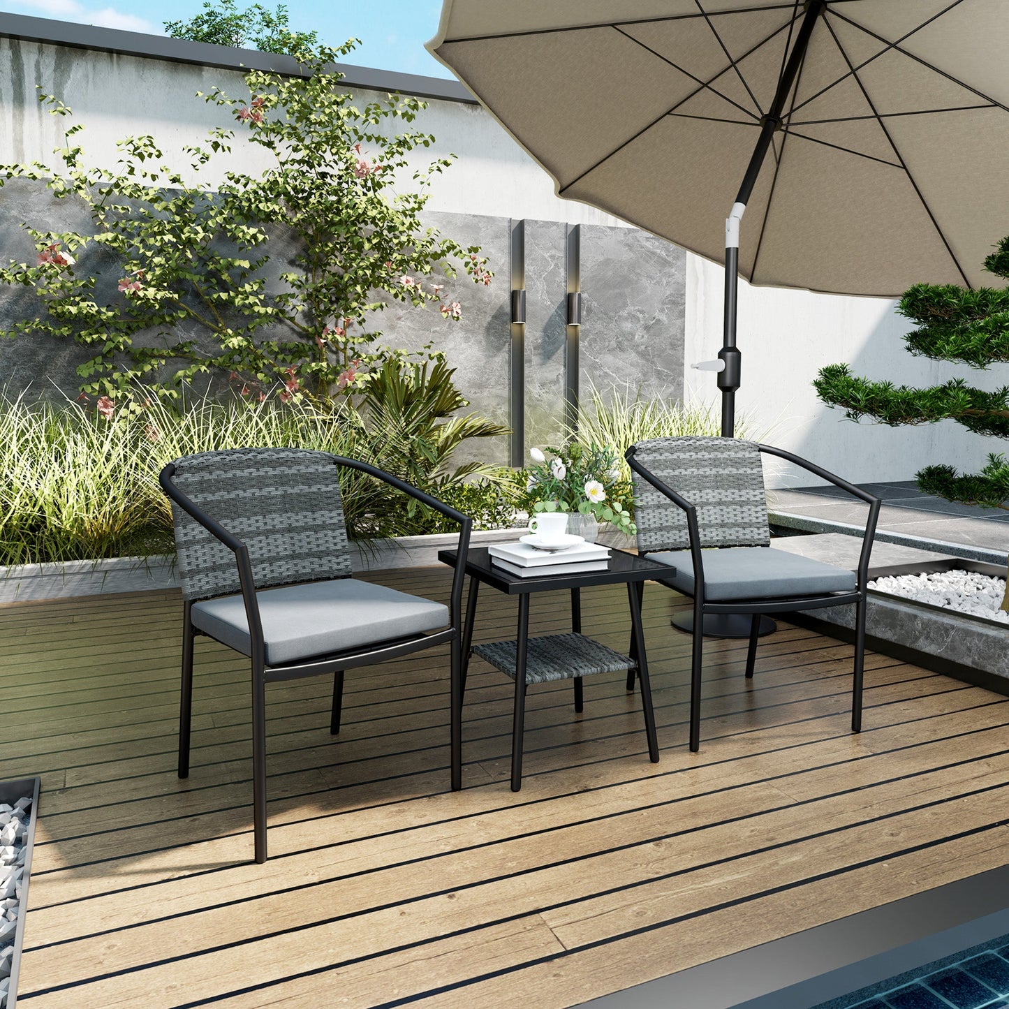 3 Pieces Rattan Bistro Set with Cushions, Wicker Garden Furniture Set, Glass Top Coffee Table and Chairs for Outdoor Patio, Balcony, Terrace and Conservatory, Grey