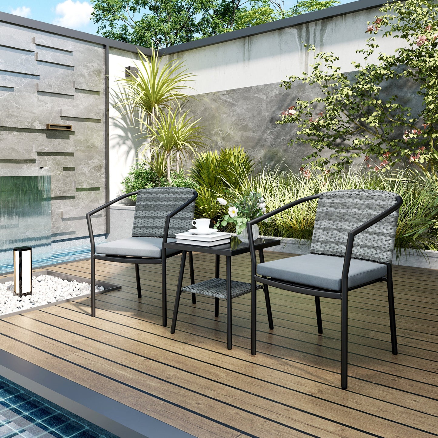 3 Pieces Rattan Bistro Set with Cushions, Wicker Garden Furniture Set, Glass Top Coffee Table and Chairs for Outdoor Patio, Balcony, Terrace and Conservatory, Grey