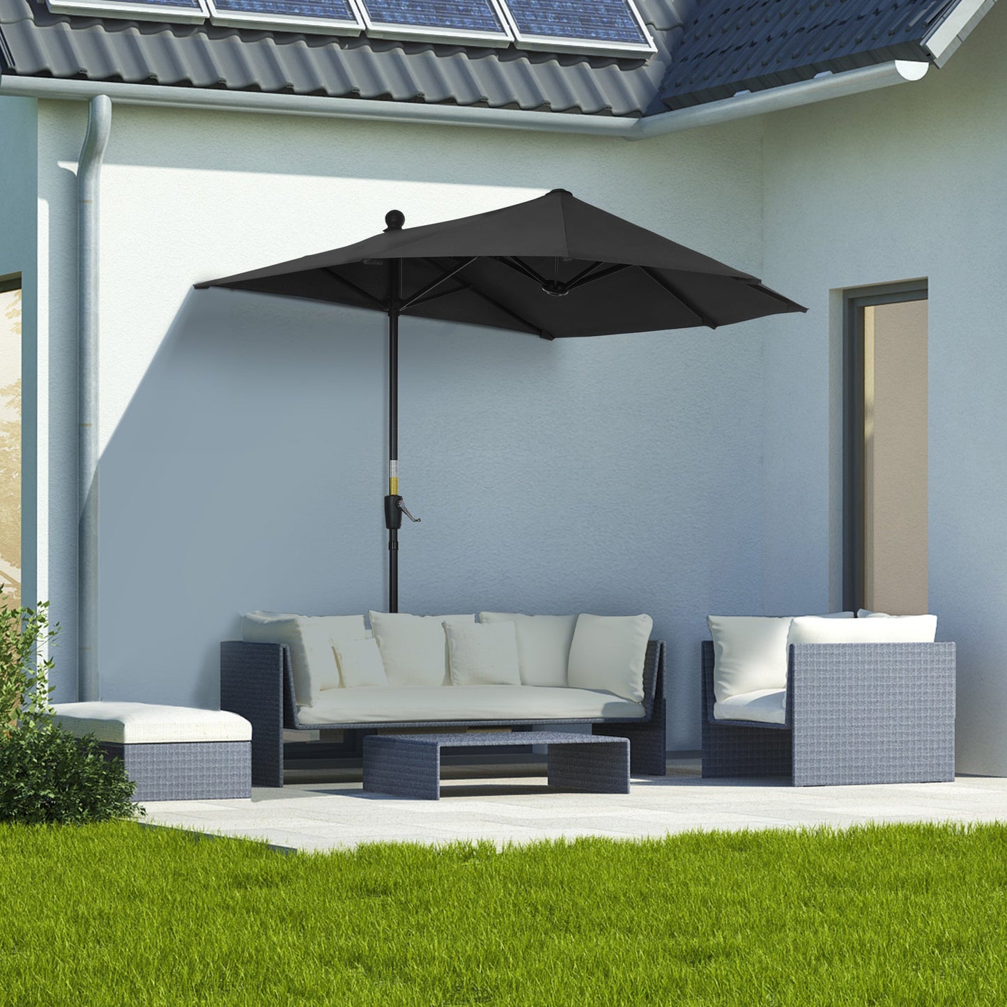 2m Half Parasol Market Umbrella Garden Balcony Parasol with Crank Handle, Cross Base, Double-Sided Canopy, Black
