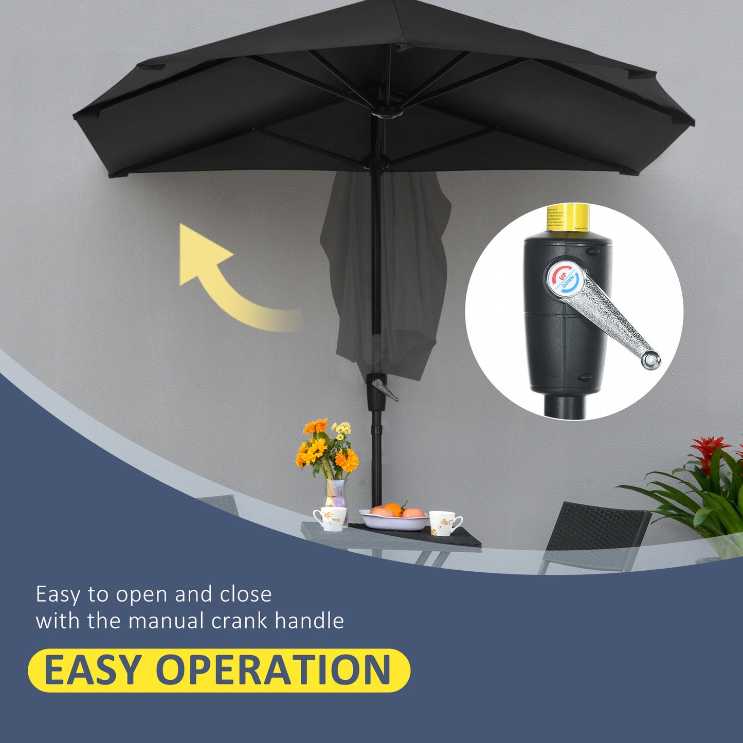 2m Half Parasol Market Umbrella Garden Balcony Parasol with Crank Handle, Cross Base, Double-Sided Canopy, Black