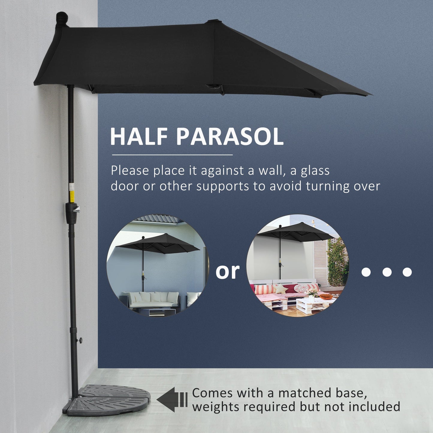 2m Half Parasol Market Umbrella Garden Balcony Parasol with Crank Handle, Cross Base, Double-Sided Canopy, Black