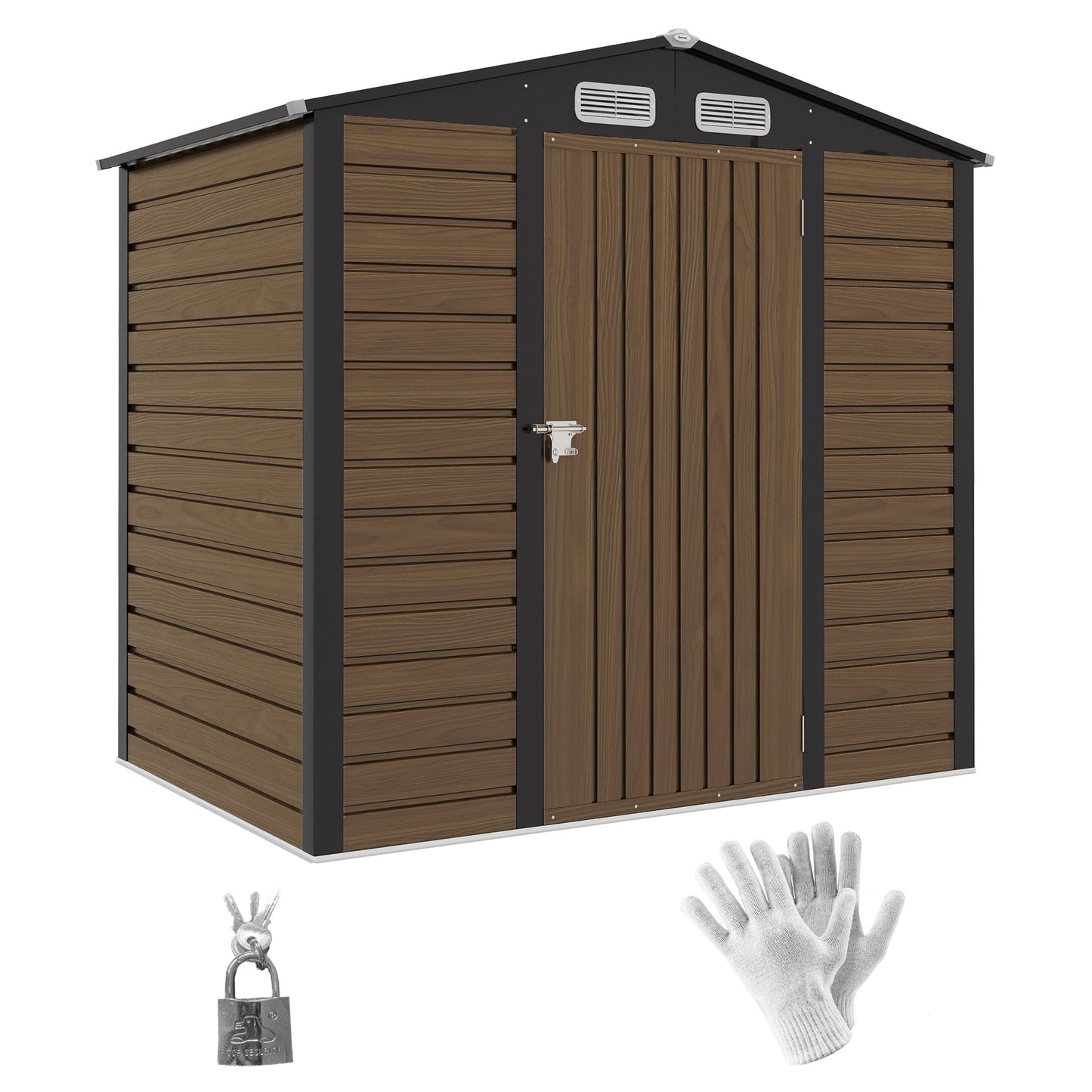 4.3 x 6.2 ft Garden Metal Shed w/ Lock, Outdoor Storage Shed with Ventilation Slots and Gloves for Garden, Patio, Oak